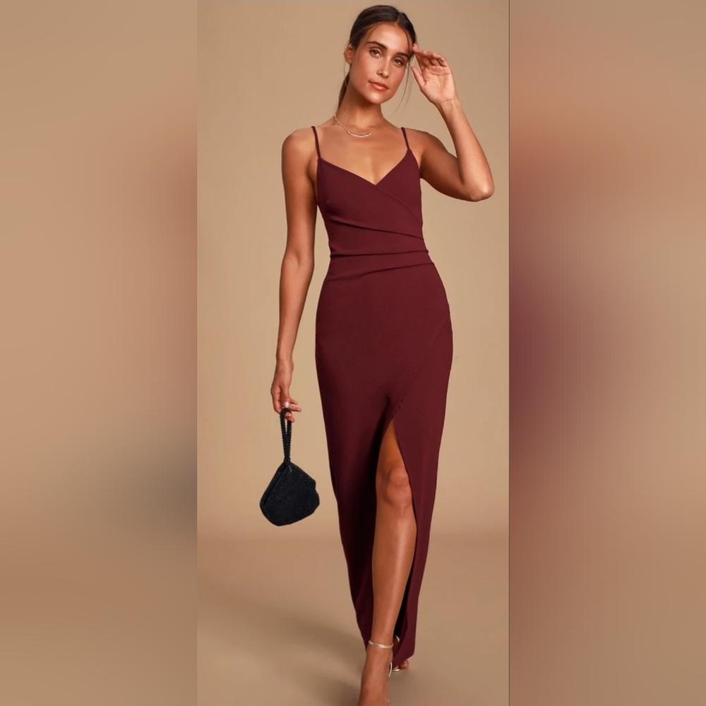 Burgundy Ruched Surplice Maxi Dress